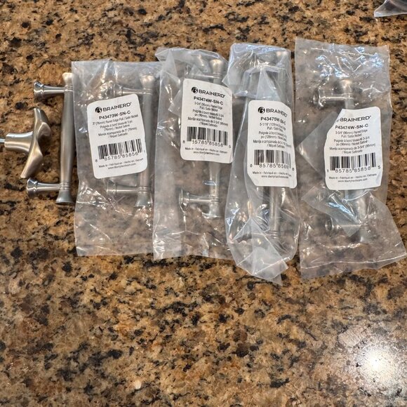 Brainerd Satin Nickel Drawer Pull & Knob Set of 6 Kitchen Hardware varied sizes - Picture 4 of 12